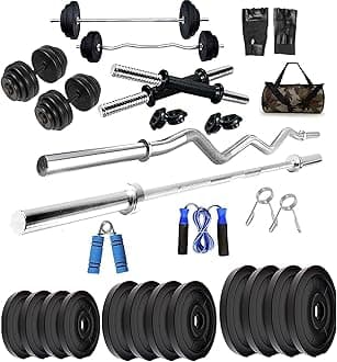 BULLAR Home Gym Set, Home Gym Combo, Home Gym Equipments for Men, Home Gym Kit with 60Kg Weight Plates, 5ft Straight Rod and 3ft curl Rod, 1 Pair Dumbbell rods & Accessories