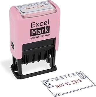 ExcelMark 2445 Date Stamp with Text - Blue and Red Ink (Pink Mount, Emailed)