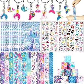 Mermaid Party Bag Fillers for Kids Boys Girls, 42Pcs Mermaid Assorted Toys Pinata Filler with Slap Bands Gift Bags Stickers Keychains Trick & Treat Goody Bag Fillers for Christmas Party