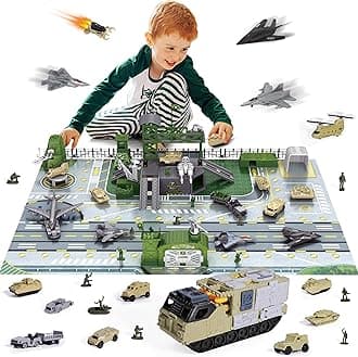 Army Toys, Military Base Toys and Tank Toy Sets with Vehicles, Trucks, Helicopter, Fighter Jet, Play Mat with Army Men Action Figures and Accessories, Birthday Gift for Boys